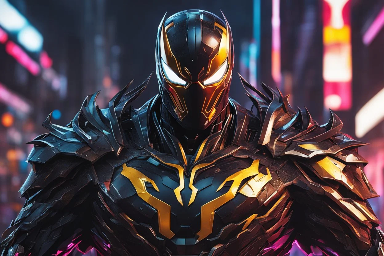 Venom Shredder in 8k solo leveling shadow artstyle, iron man them, close picture, rain, Shredder helmet, neon lights, intricate details, highly detailed, high details, detailed portrait, masterpiece,ultra detailed, ultra quality