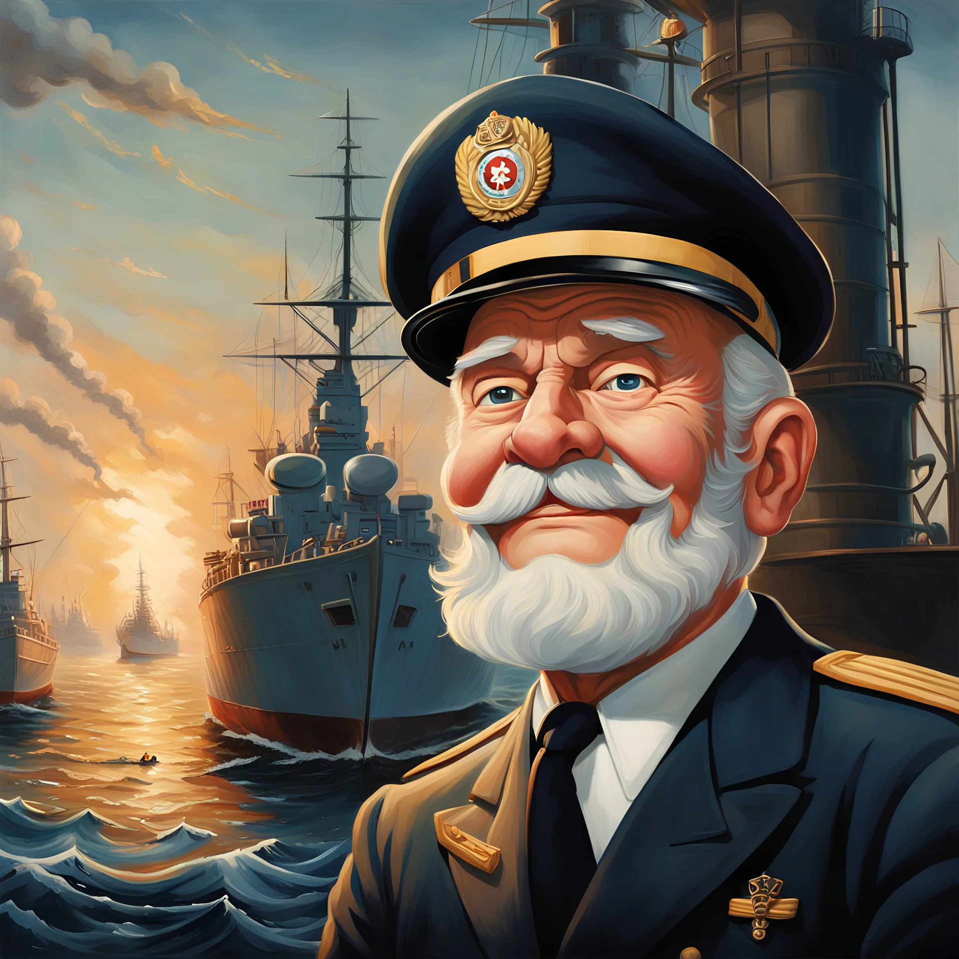 Standing proudly on the shore, the mascot Captain Birdseye of the brand Iglo savors a delicious fish stick, while in the background, World War 2 battleships engage in a fierce conflict. This stunning image, perhaps a vibrant painting, captures Captain Birdseye's unwavering confidence, exemplified by his strong stance and the proud expression on his face. Every detail is meticulously portrayed, from the intricate texture of his iconic white beard to the unmistakable branding of Iglo on his unifor