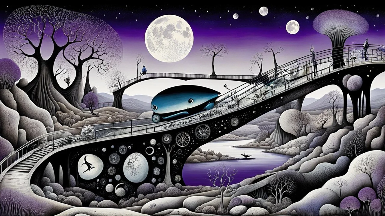 whimsical weird vehicle, and bizarre shapes in weird whimsical landscape between two long thin bridges, surreal vibe with abstractions, around surreal cracked painted weird land with rocks, trees, two moon, deep dark purple, gray, black, white, brown pale blue colors. style of Chagall , of Minjae Lee and Tim Burton, absurd beauty picture. weird bizarre absurd, nightmare, big neuron network clouds background and thin bridges, too big, too elongated shapes, psychedelic dreams