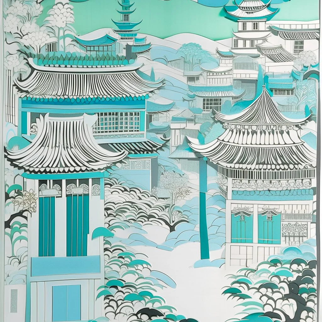 A pale grayish cyan village near a palace in the sky designed in Chinese paper art painted by Henri Matisse