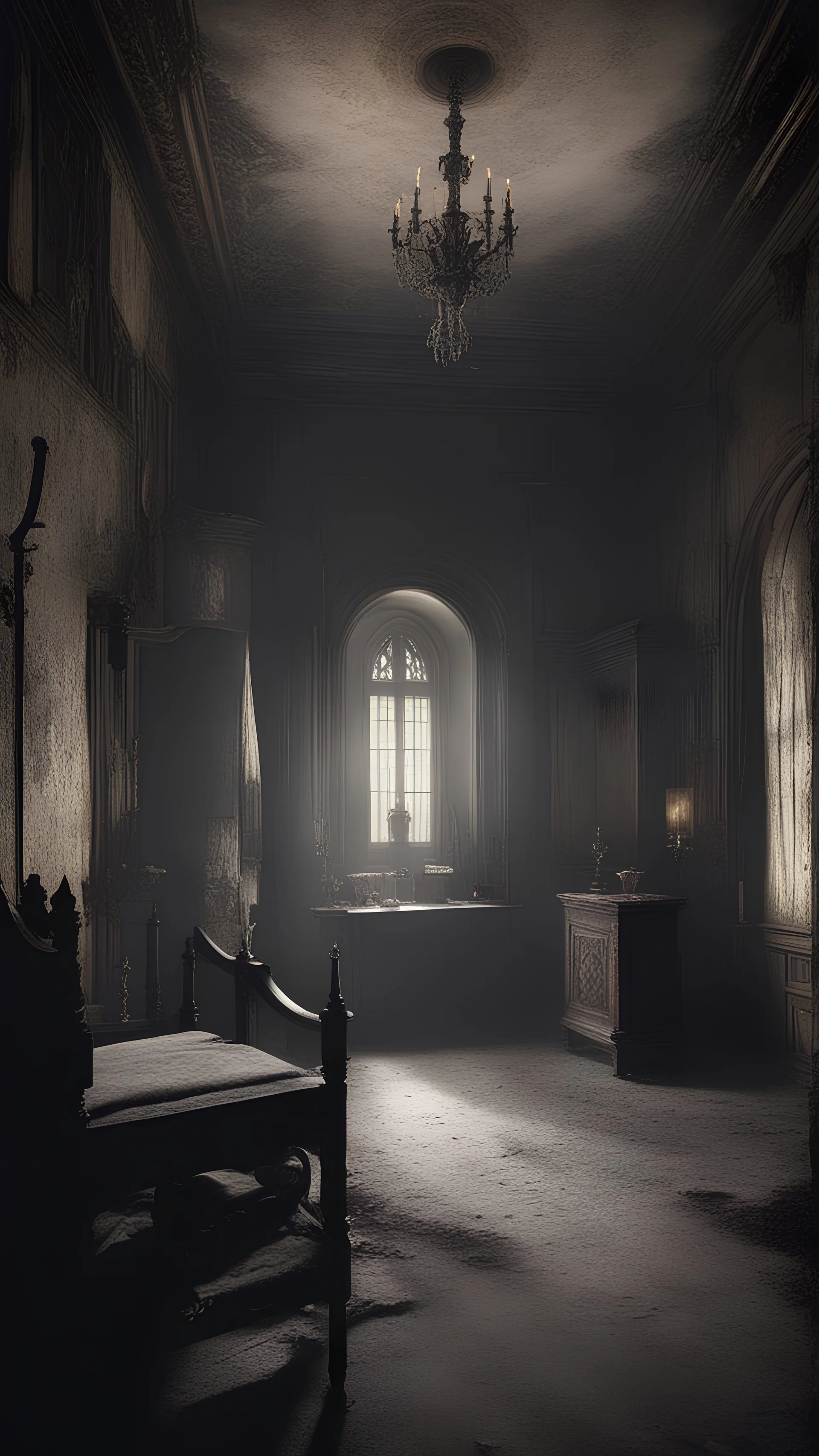 Generate an image of the interior of a haunted castle with dilapidated furniture and dim candlelight, capturing the haunting ambiance of 'Diabel' (1972). Include subtle ghostly apparitions or spectral figures