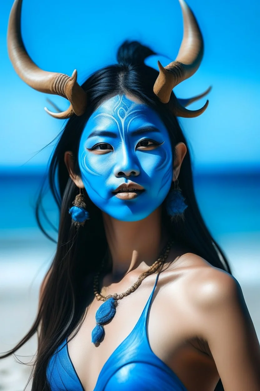 A photo of a blue skin asian goddess with painted blue face and body skin, wavy black hair deer antler horns, standing on a sunny beach