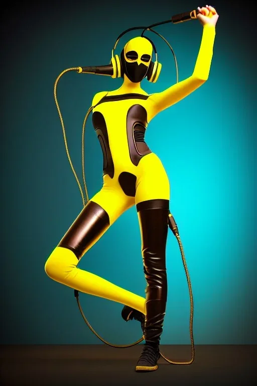 Realistic photograph. Geometric 3D tiling on the background, woman, Whip. Bronze color, Yellow, Black Cyan. Cyber-punk full-mask. Big old AKG headphones, golden rings & disc. Selfie both hands. Lightly armored, electronic circuits. Thick tights, thick calves, bend fell, wide hip, flat belly. Ancient artifact attached. Perfect body. Matrix movie clothes, Silver leather area, tippet, latex. Wicked sneakers. Daft Punk, Tron Movie. Egyptian Haute Couture. 1990's. Light comes right-back.