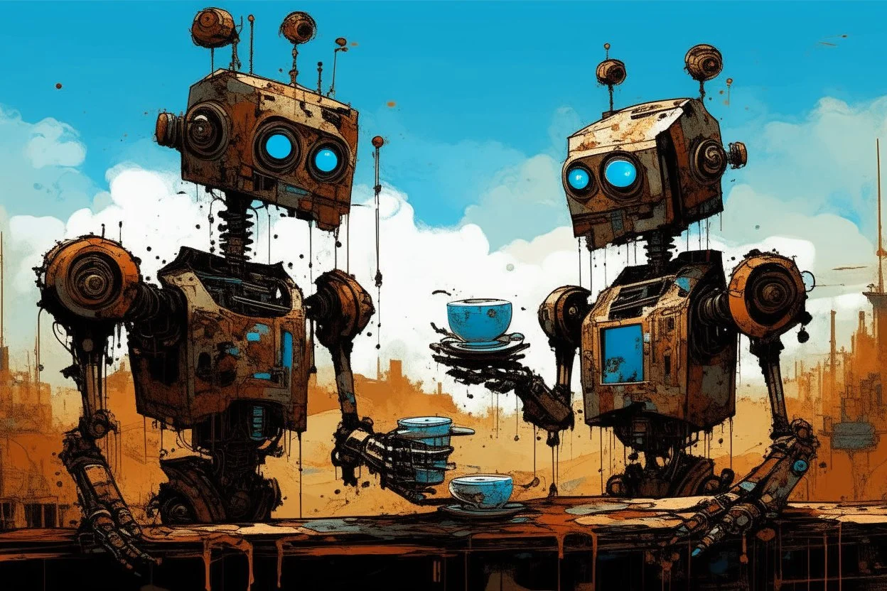 two crazy rusty scrappy robots drinking coffee in urban decay, negative space, wet print, ink leak, overheat, dramatic, cinematic, sudden jolt dynamics, amazing reflections and parallels and verticals, Afro-futurism, surreal futurist architecture art, surreal liminal space, tribal vibe and patterns, colors of light sky blue and beige and black