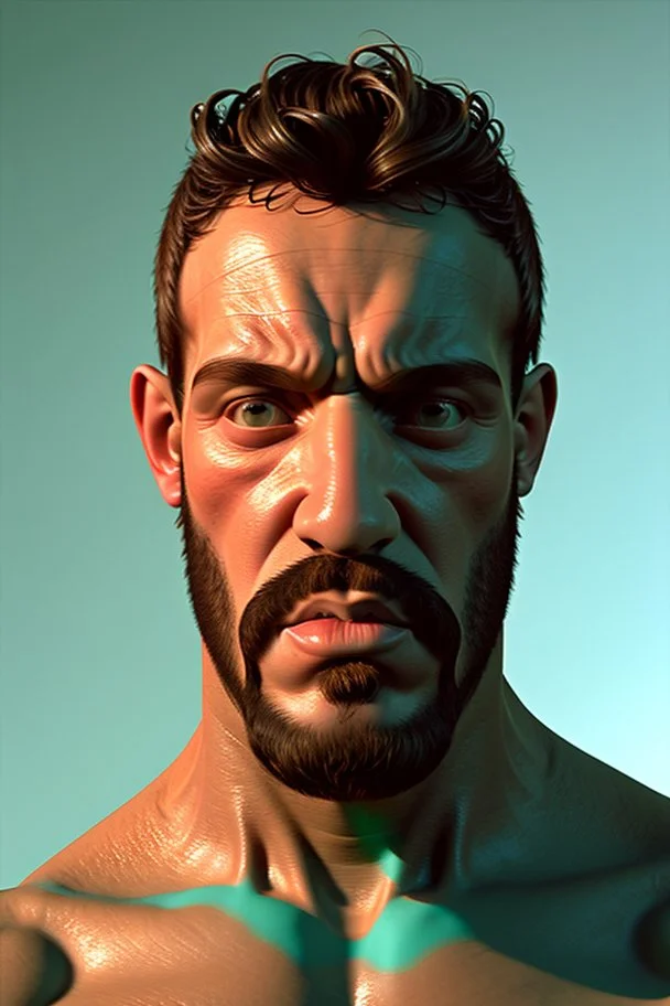 4K Ultra-HD, Hyper realistic, in the style of Caravaggio - Fred Flintstone, handsome, fair skin, tan beard stubbles, black hair, thick black eyebrows and a large nose. broad shoulders and massive arms, He wears a raggedy, deep sky blue or an aqua teal-green necktie, and a short-sleeved orange and black-spotted loincloth with a torn hemline. -- cinema lighting,