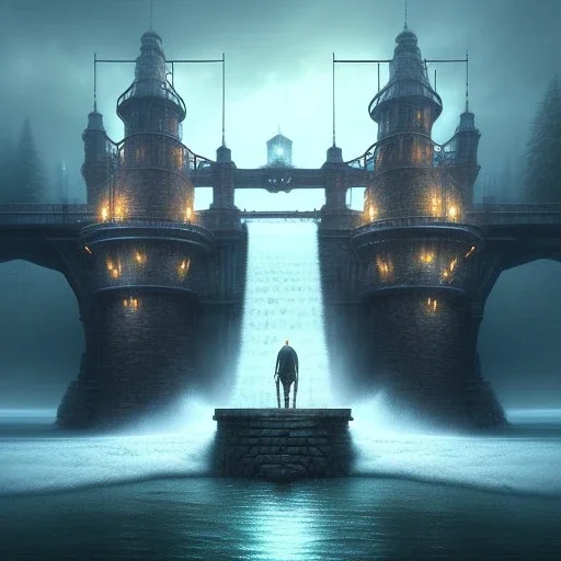 fantasy art, book cover, upper body of mad hairy wizard in front of the ebony stairs, a bridge or dam ,icy water