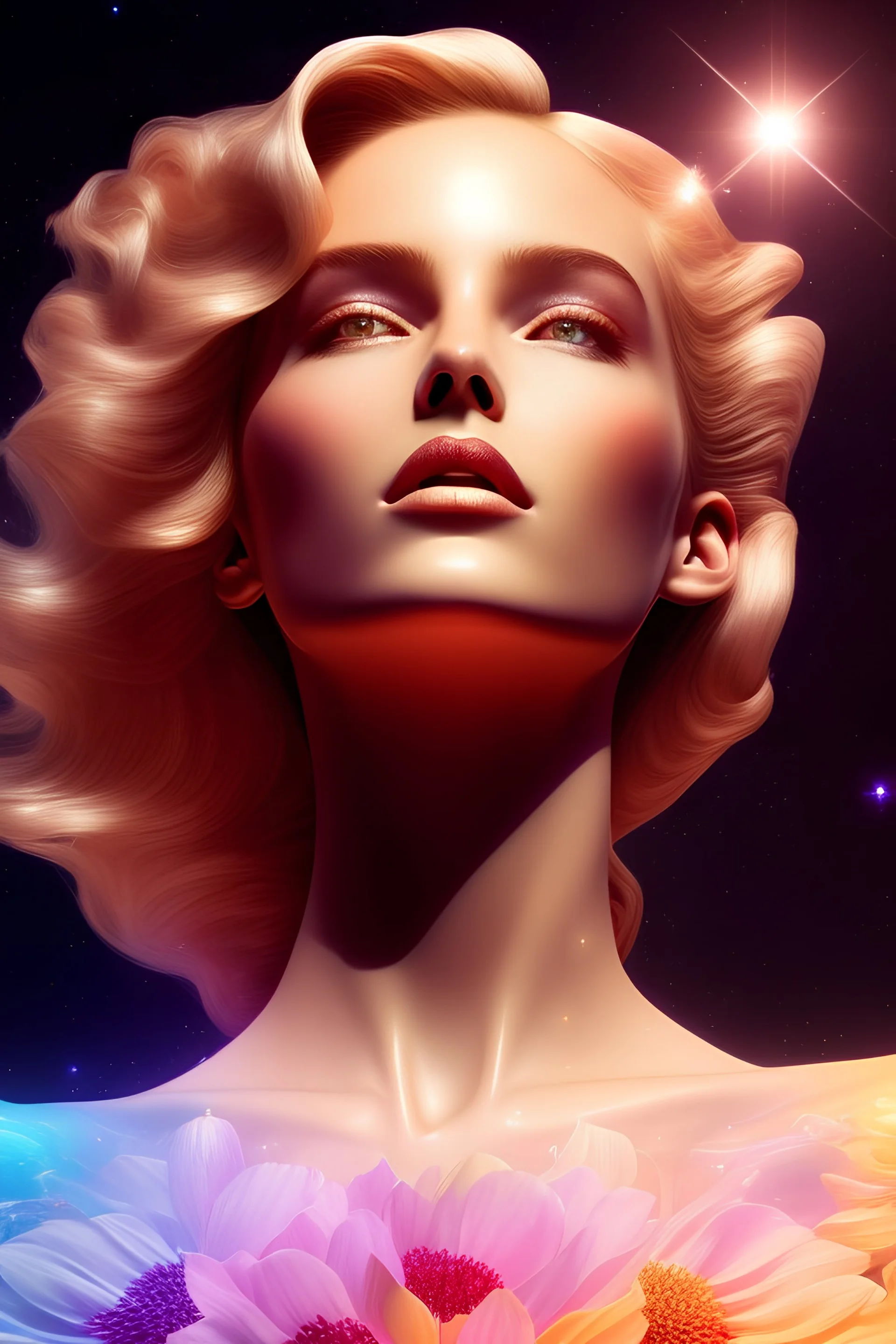 Flower, face,angel, blondie, beautiful place,amazing, cosmic, colors, planet, gold, realistic, photo real, stars night, detailed, high contrast, 8k high definition, unreal engine 5, extremely sharp detail, light effect, light background