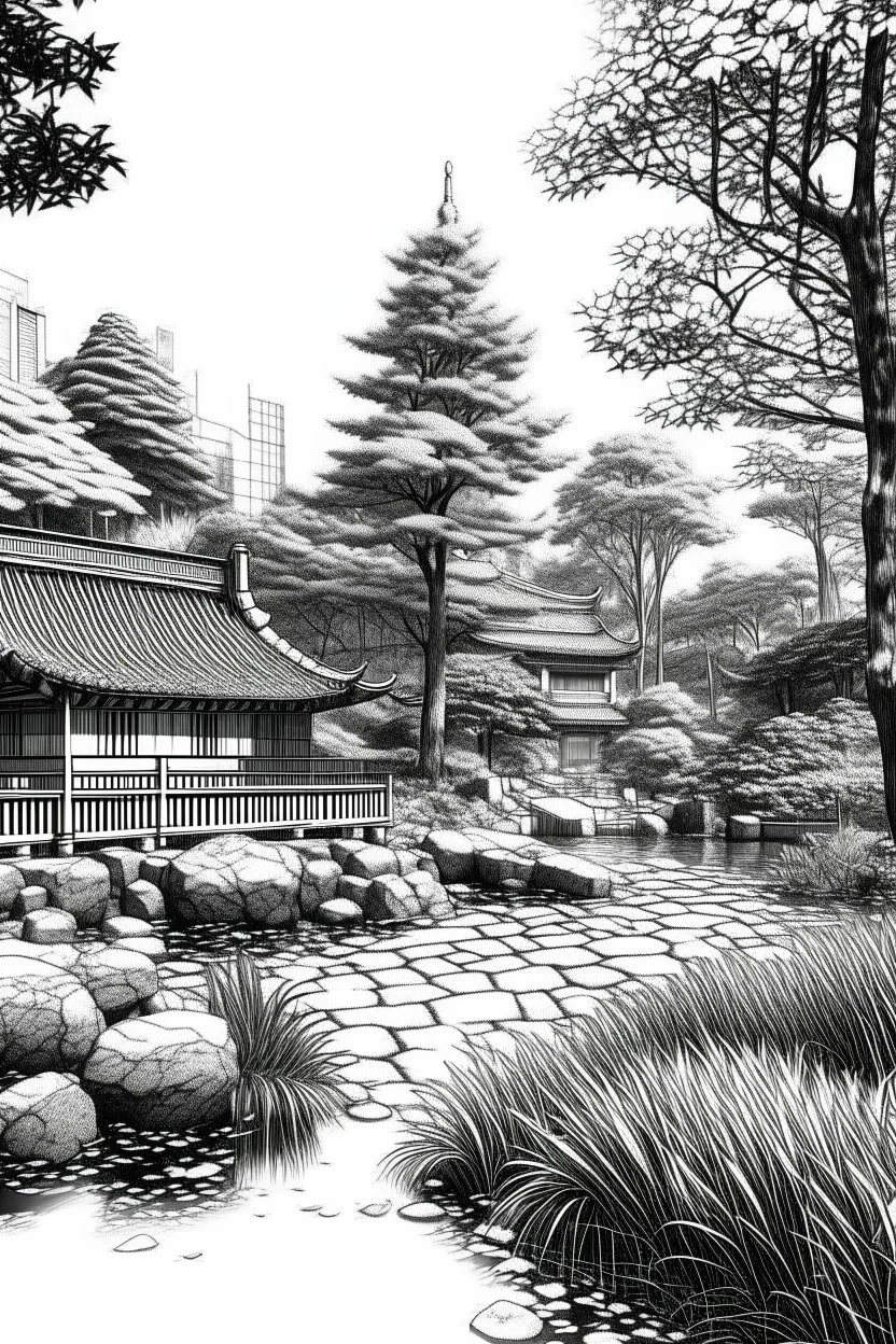 Tokyo garden in autumn abstract pencil black and white STYLE OF HIROKU OGAI