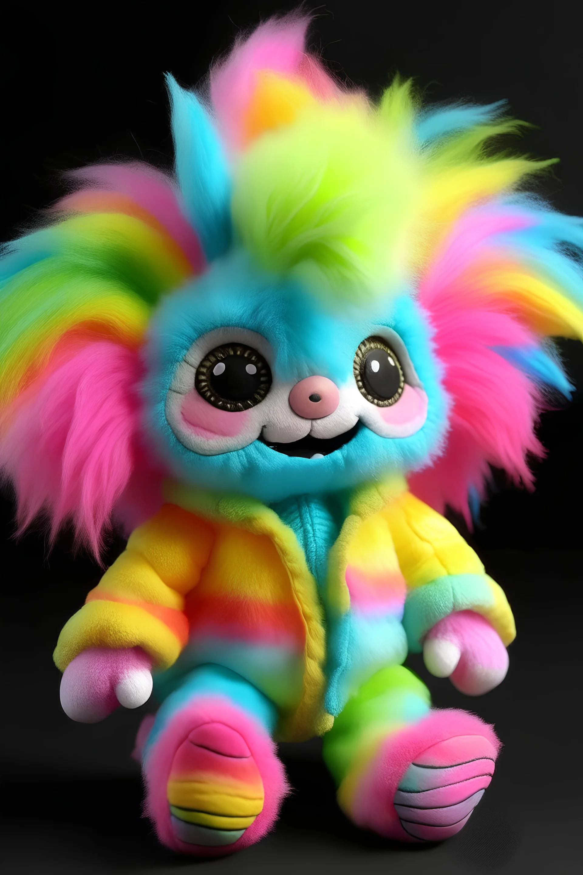 round, brightly colored alien with a pastel color palette. body is covered in soft, fluffy fur,big, expressive eyes rainbow-colored mohawk wear a vintage-inspired, oversized denim jacket adorned with patches and pins.