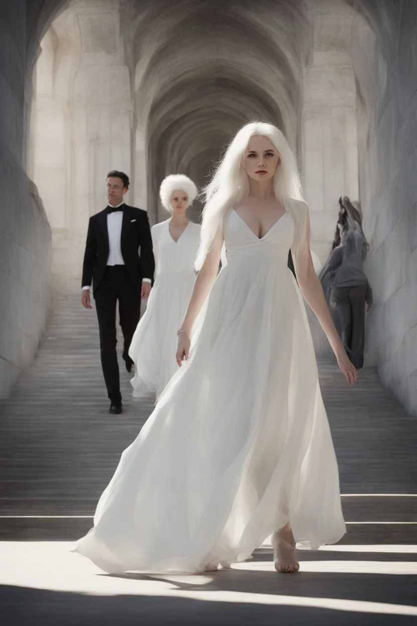 Woman with white hair wearing a white dress, walking down a sunlit stone hall, AND a handsome man in the background lurking in the shadows with long black hair