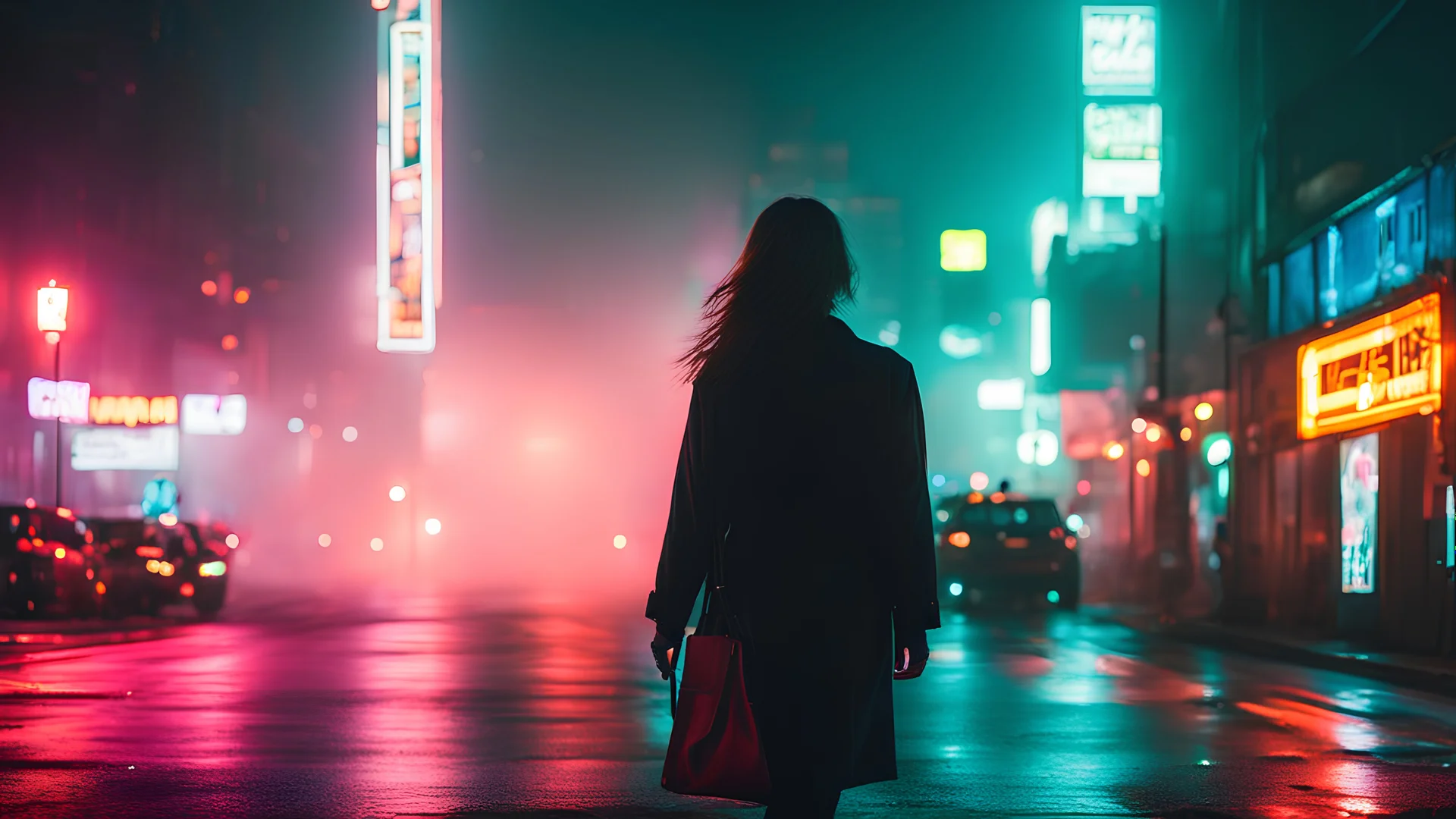 woman night foggy city neon lights traffic walking