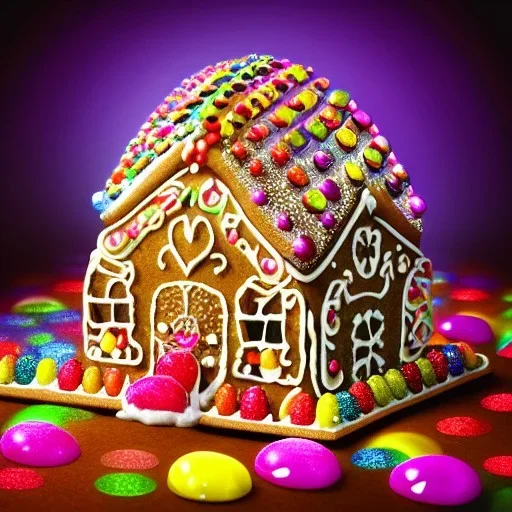 an intricate gingerbread house with vibrant candy and rainbow sprinkles under a glass dome on a darkwood table, 8k resolution, centered, high-quality, ultrafine-detail, digital art, flickering light, volumetric lighting, illustration, 3D octane render, brian froud, howard lyon, ben goossens, George Grie