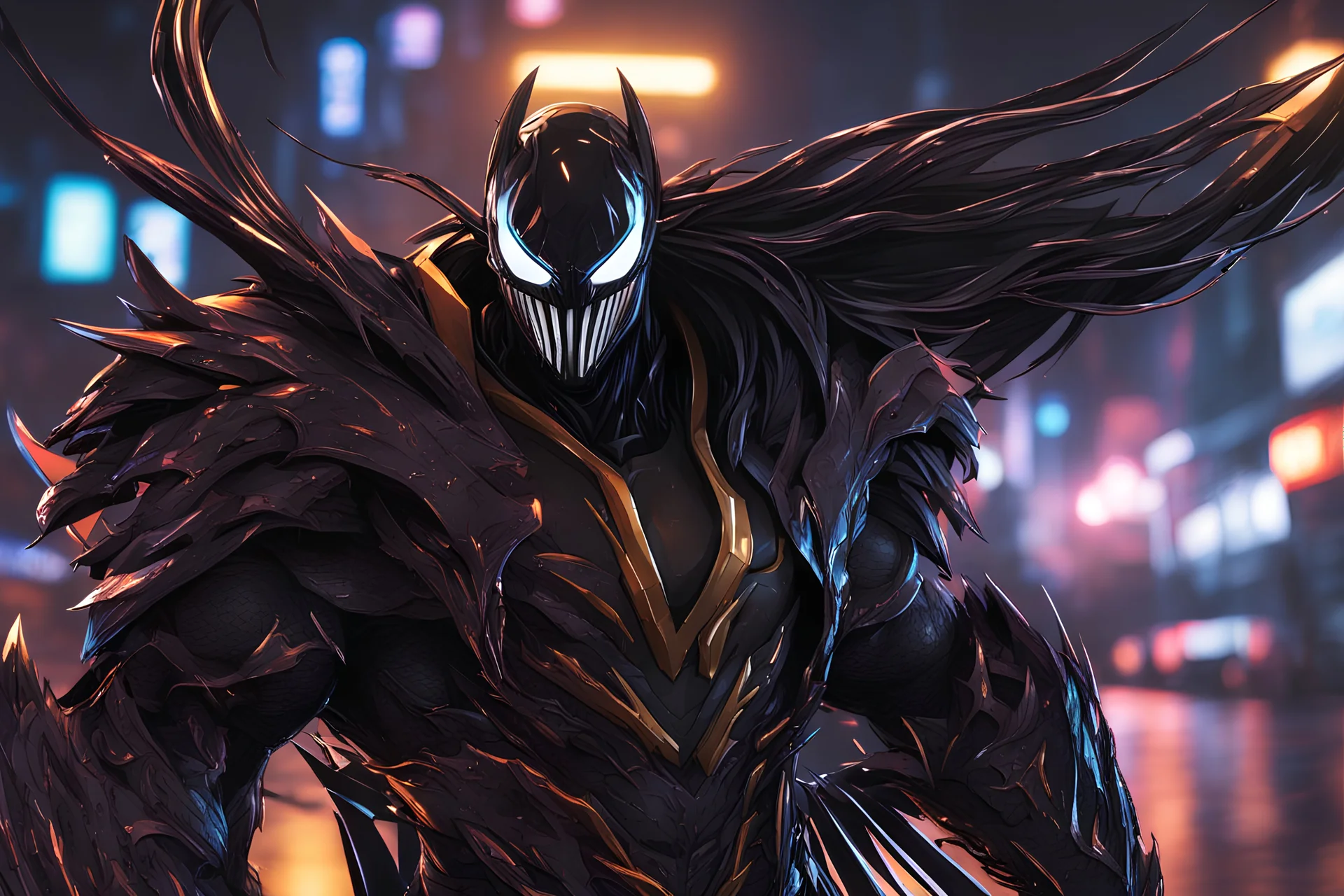 Venom Shredder in 8k solo leveling shadow artstyle, machine them, close picture, rain, Shredder helmet, neon lights, intricate details, highly detailed, high details, detailed portrait, masterpiece,ultra detailed, ultra quality