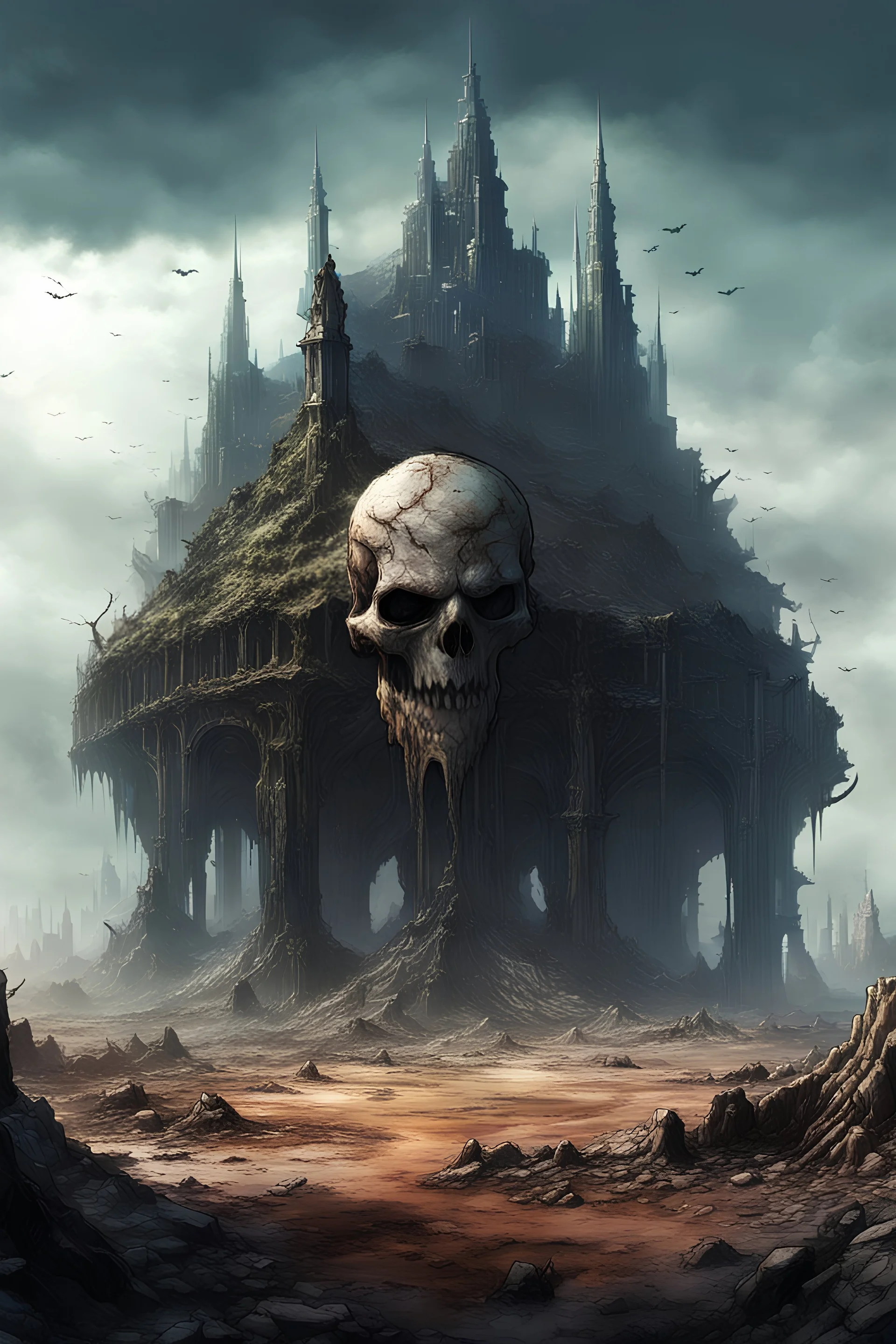 city, fantasy build in the decaying corpse of a titan lying on a ground, wide as a continent, concept art