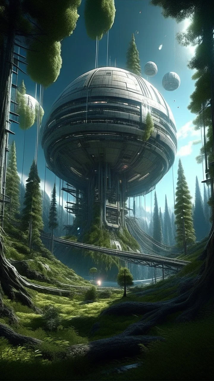 sci fi planet, space station, tall trees