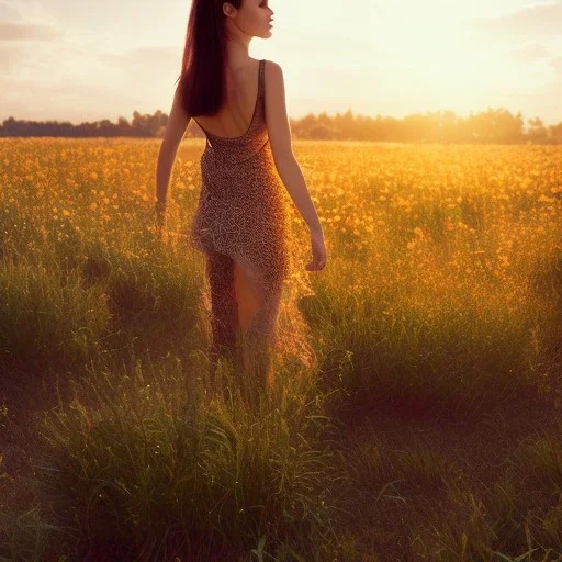 woman standing in flower field, sunset, short brown hair, back view, windy