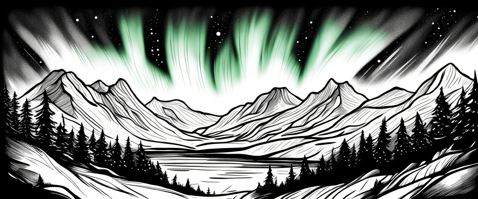 hand drawn northern lights. black and white sketch
