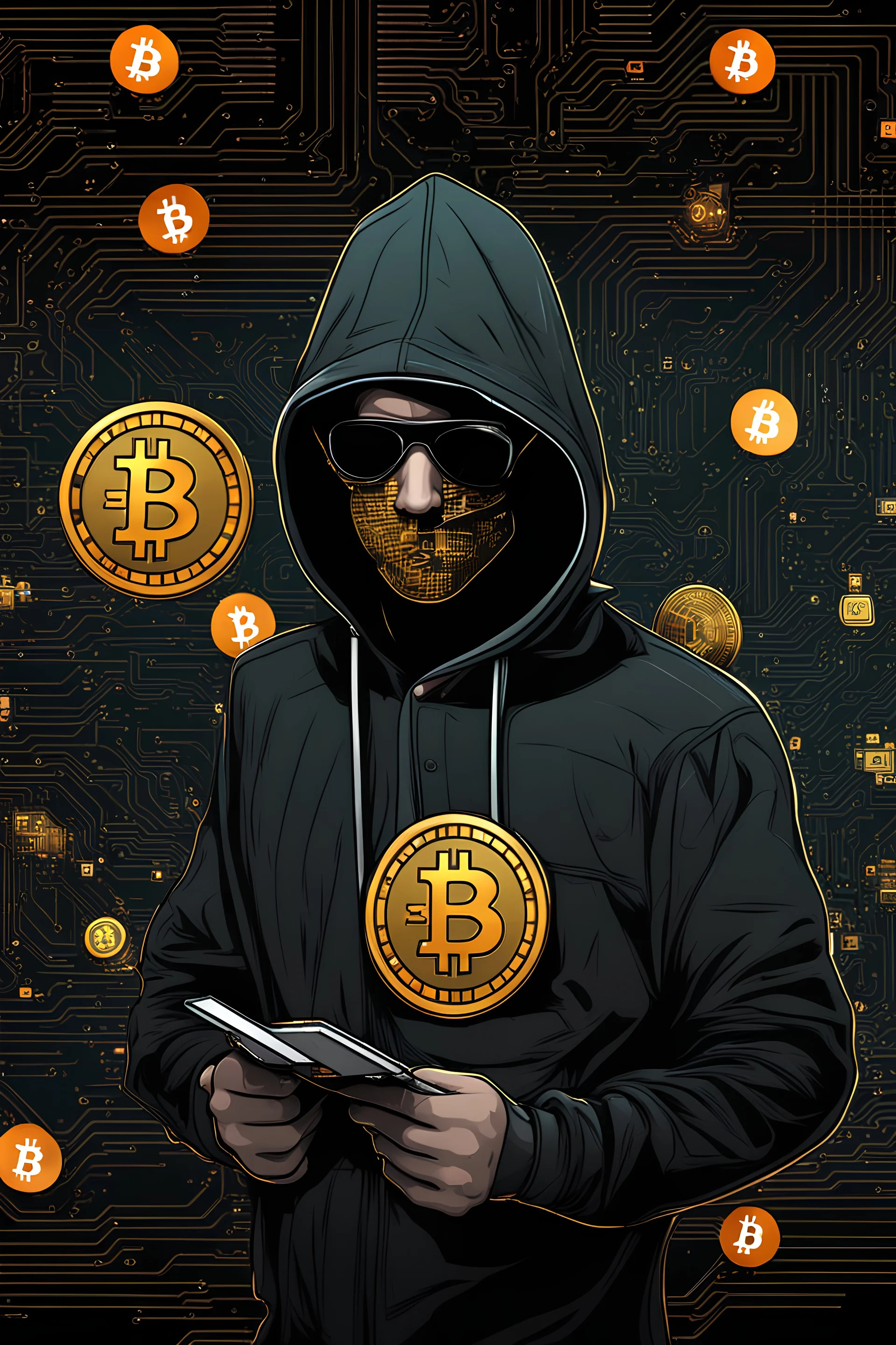 Bitcoin hacker matrix, photorealistic, soft colors,