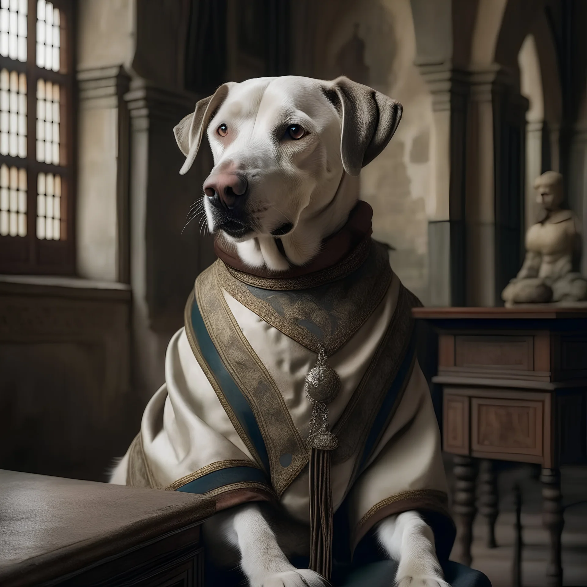 Pet dressed as human,Medieval palace,animal portrait