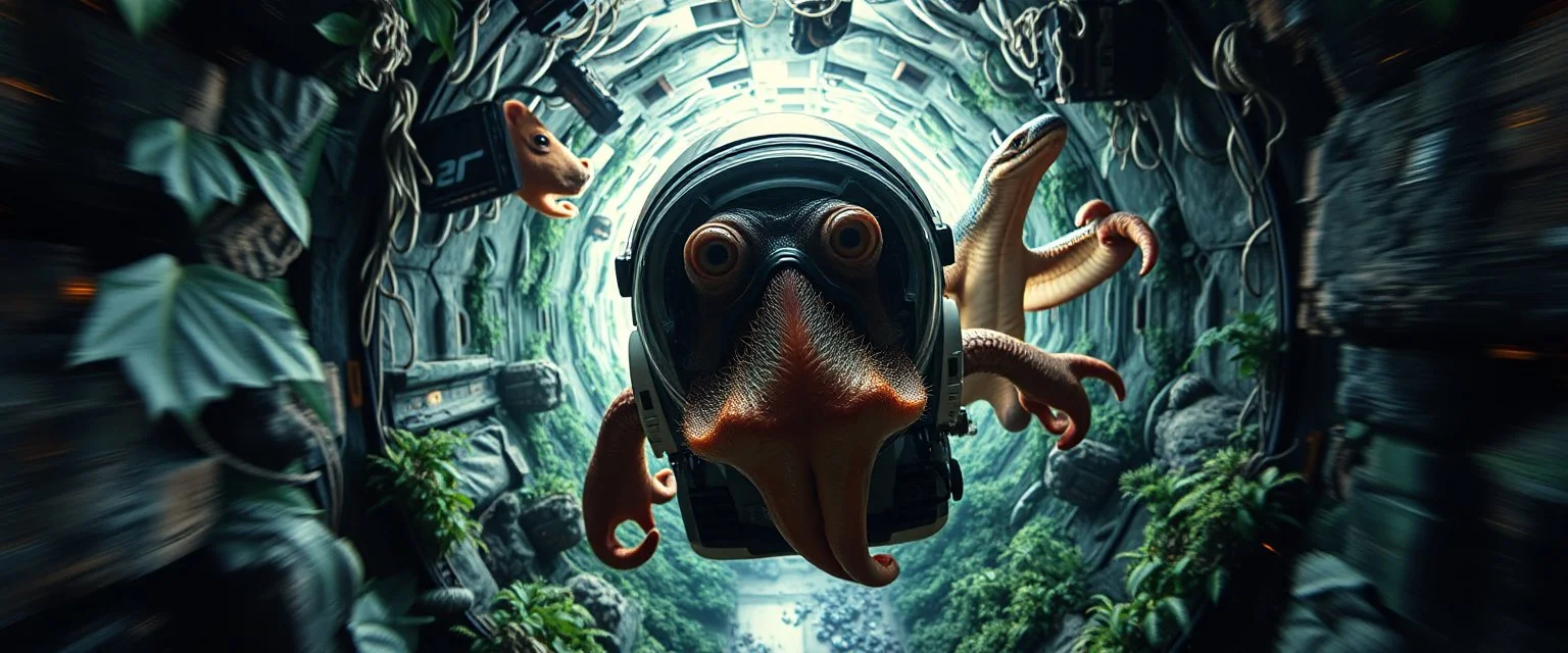 hyper sonic space warp through jungle tunnel crash pilot ,weird experiment gone wrong perspective close up portrait of dj shrimp beaver octopus smug snake gringo gremlin pilot floating in space, looking down on cam, with background in the style of escher and giger, a chill contrapunctus fugue in the style of fsol, beethoven, goa trance breaks, dancefloor drum and bass,