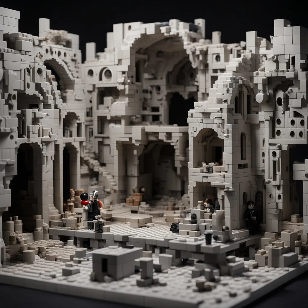 photorealistic catacombs made of lego blocks and screamer frogshop