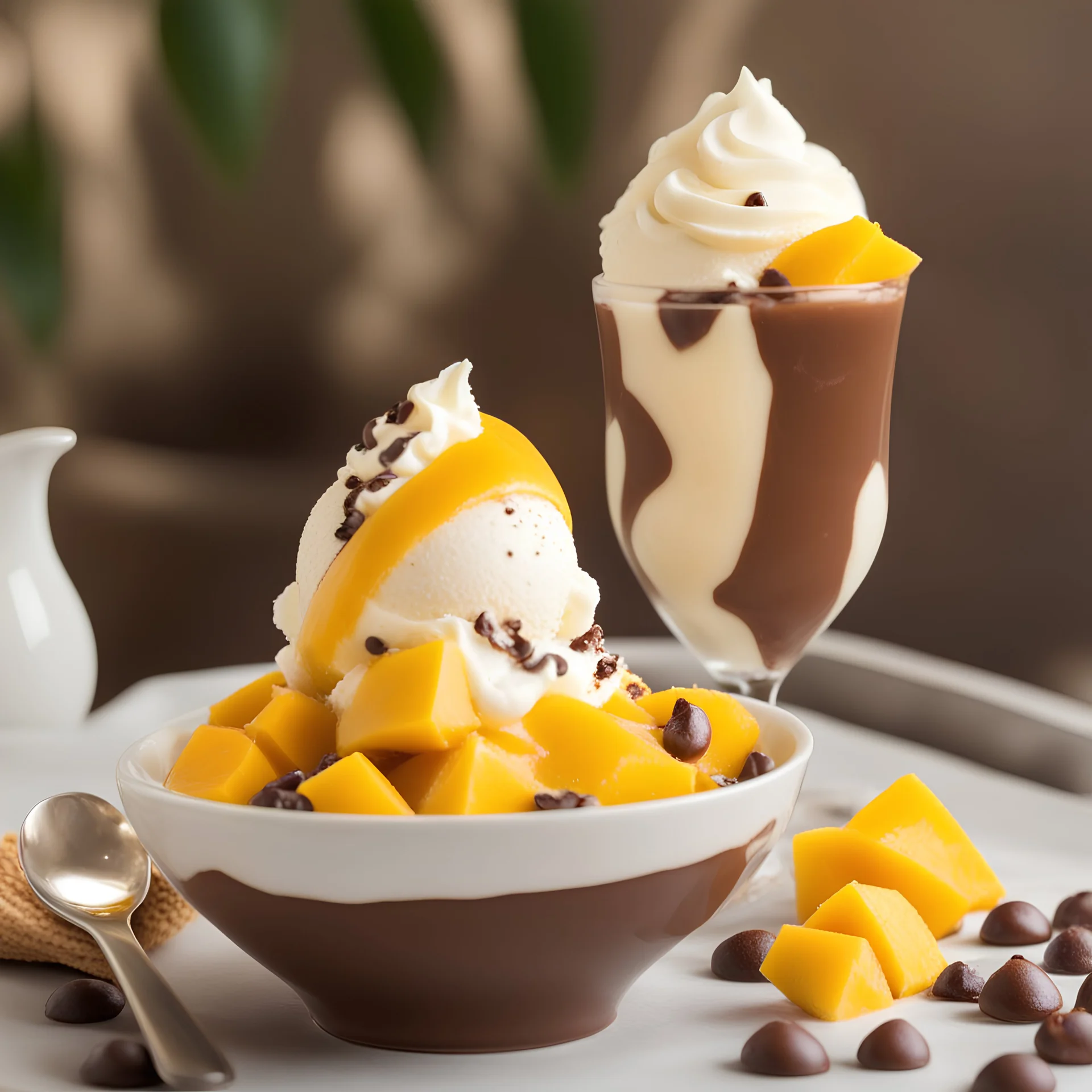 ice cream, sundae, mango-maracuja, whipped cream, chocolate chips