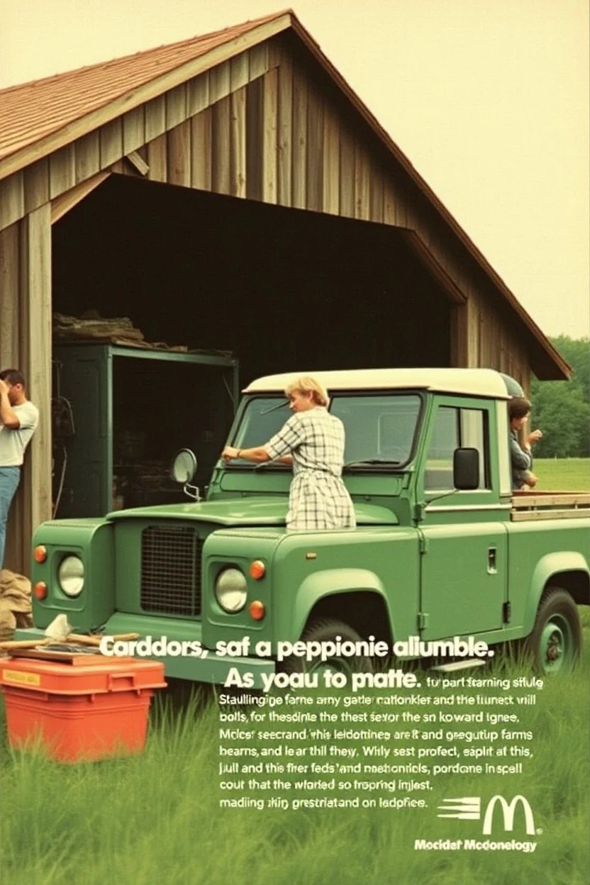 nike print ad from the 80s, mcdonalds ad from the 80s, mac computer ad from the 80s, featuring a landrover being fixed at a farm, the man in a dress is working on the landrover