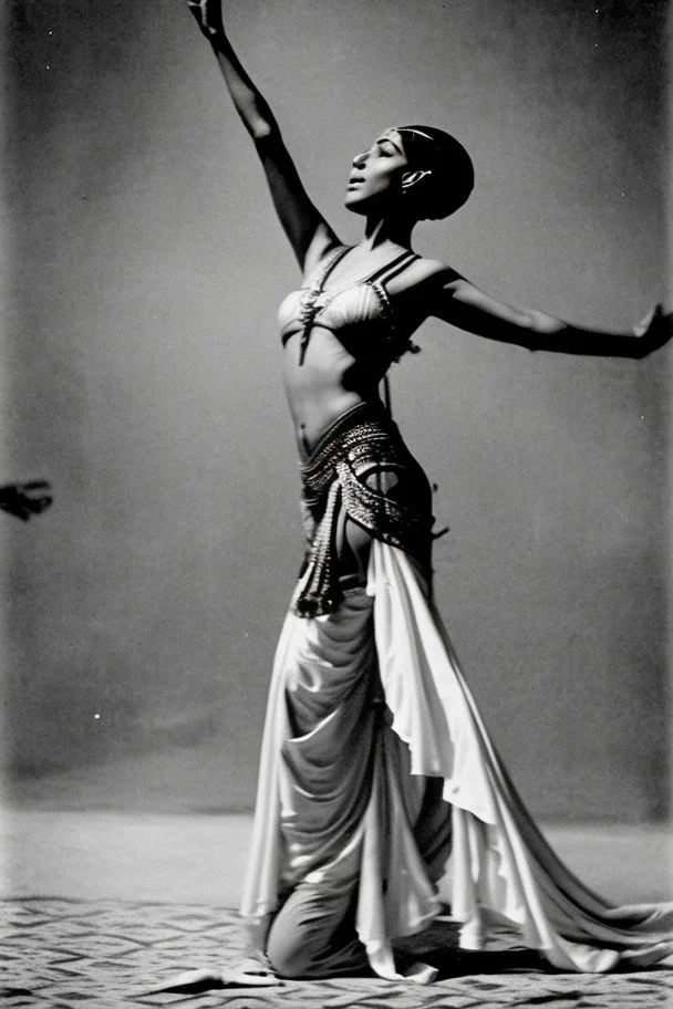 [ancien Egypt, real photography] The climax of the dance approaches as Satiah's movements slow once again, transitioning into a graceful tableau. She raises her arms toward the heavens, her expression a mix of awe and reverence. Her dance has conveyed the cyclical nature of existence, the union of mortal and divine, and the profound connection between humanity and the gods. As the haunting melody of flutes and harps begins to play, Satiah enters the center of the room, her presence commanding at