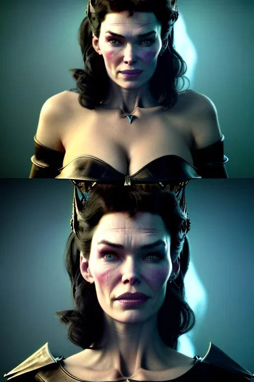 Lena Headay as evil queen in black leather, busty, cleavage, voluptuous, Aqua Lene, angry, stern look. character design by cory loftis, fenghua zhong, ryohei hase, ismail inceoglu and ruan jia. unreal engine 5, artistic lighting, highly detailed, photorealistic, fantasy