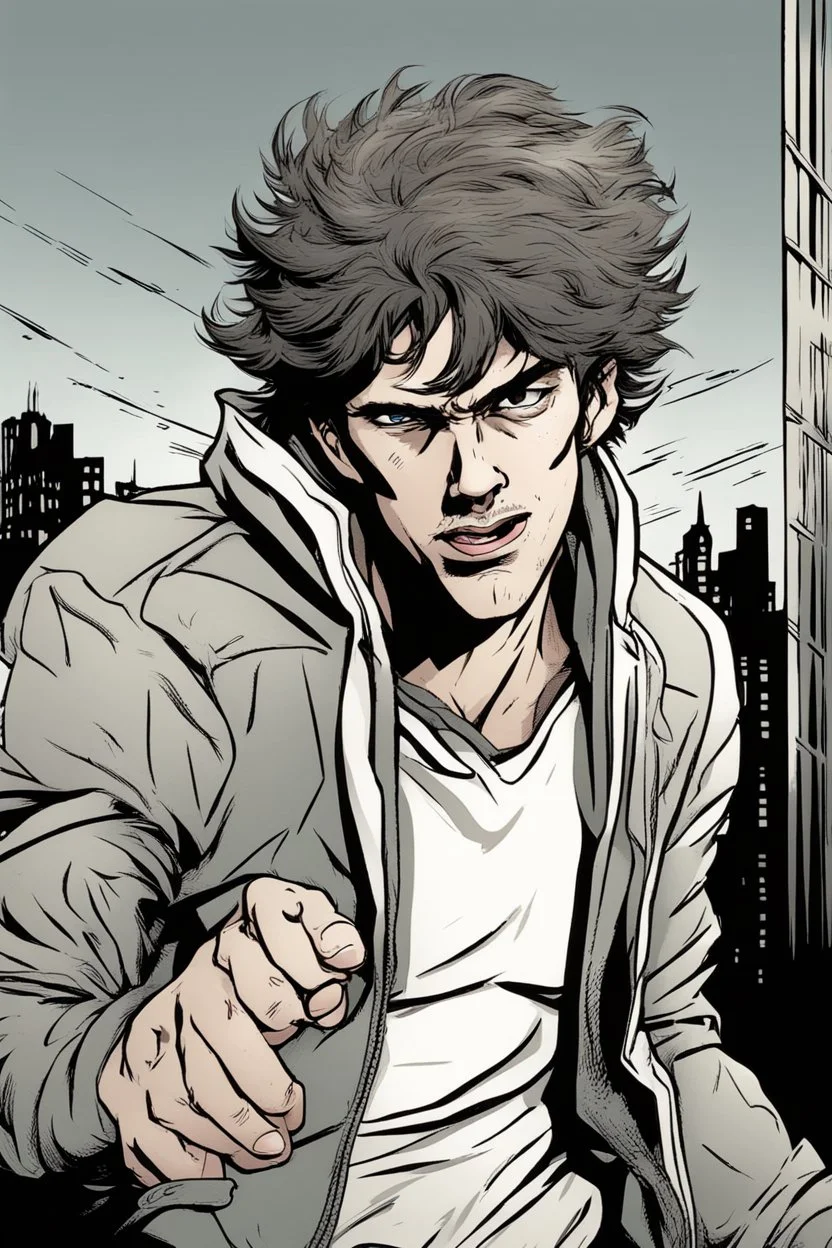 deranged young man with scruffy hair, stubble and a judgmental look on his face comic book style