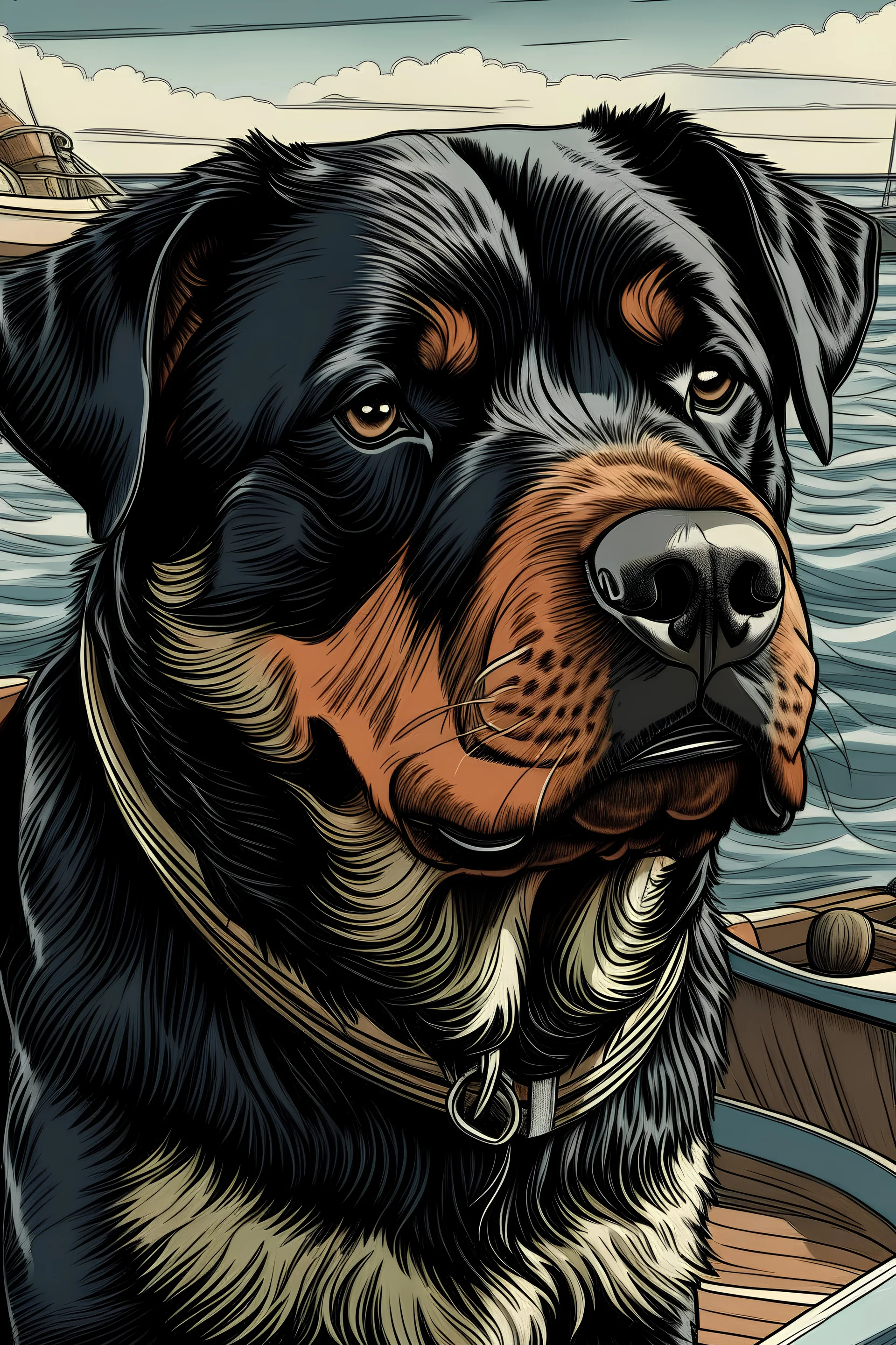 disegna un cane rottweiler al timone di una barca