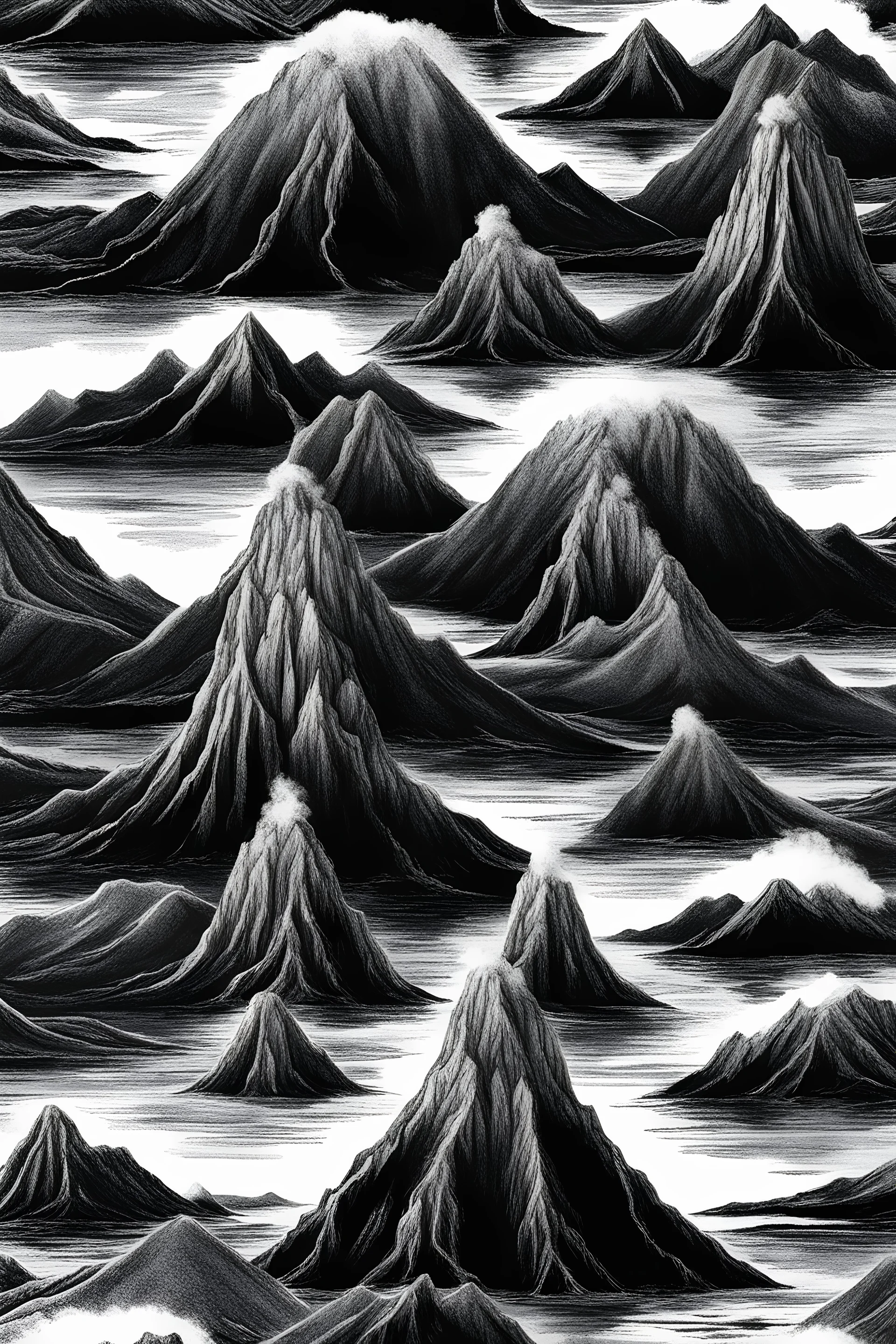 Hyper realistic Volcanoes, black and white illustration, picture, more engaging, concept art, simple background, white background