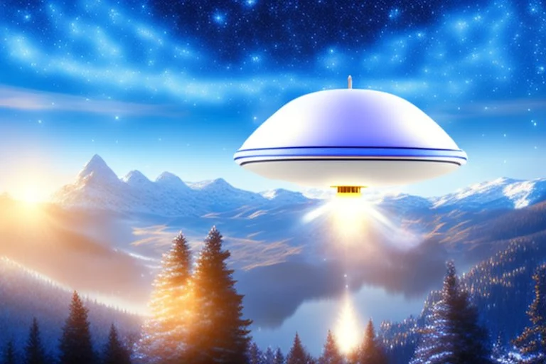 white spaceship flying saucer with light in the below. the landscape is a fairy colourfull forest with snow sweety mountains. the sky is blu with stars and brightness beam