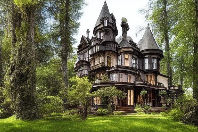 fantasy victorian house surrounded by forest