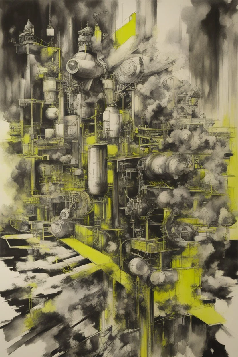 technological acceleration and political retrogression; black and white Ink wash with Chartreuse accents