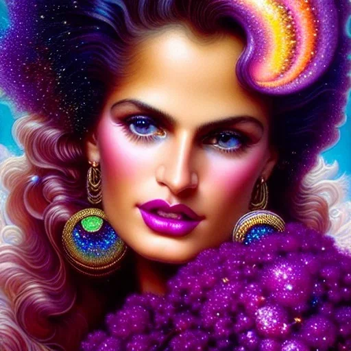 Hyperdetailed oil on canvas, gia carangi, detailed face, long hair, surrounded by luminous colorful sparkles, gypsy, grapes, blueberries, plums, sumac, pink bubbles, purple, by anne stokes, gaspar camps, maxfield parrish, alphonse mucha, cyril rolando, airbrush, depth of field, octane render, volumetric lighting; deep colors, symmetrical, cinematic, high coherence, golden ratio, rule of thirds, perfectly centered; anatomically correct faces, by james r. eads, ilon wikland art, vladyslav yerko