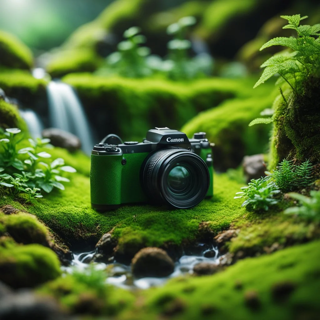 Miniature landscape, a huge digital camera, next to many small people, close-up, green moss ground and stream decoration, add some green plants, frosted glass texture, pvc, natural sunlight, shift axis photography, depth of field effect, fine details, fantastic effects, professional camera (zoom), Canon EOS R5, edge lighting, cinematic lighting, translucency, extrusion and value change of gradient, specular attenuation and contrast, strong ambient occlusion overlay, 8K