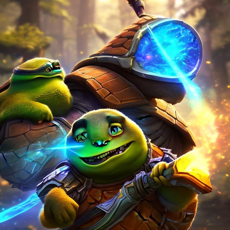 League of Legends style art, Meditating muscular TURTLE Oogway holding a wooden rod, high definition, magical powers, close shot, background galaxy