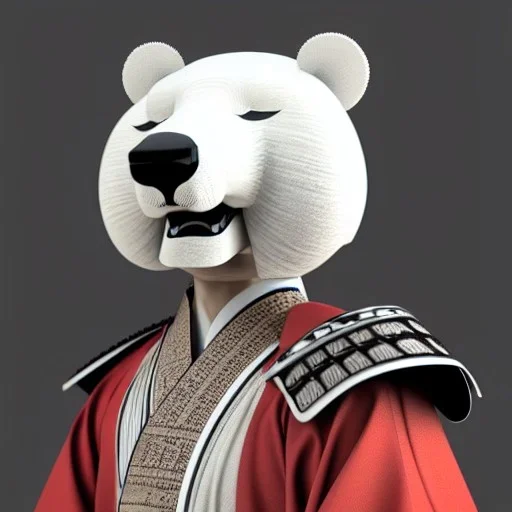 Un ours blanc, anthropomorphique, habillé comme un samurai, portant un katana très detaillé, réaliste, très détaillé, représentation 3d, un maximum de détail