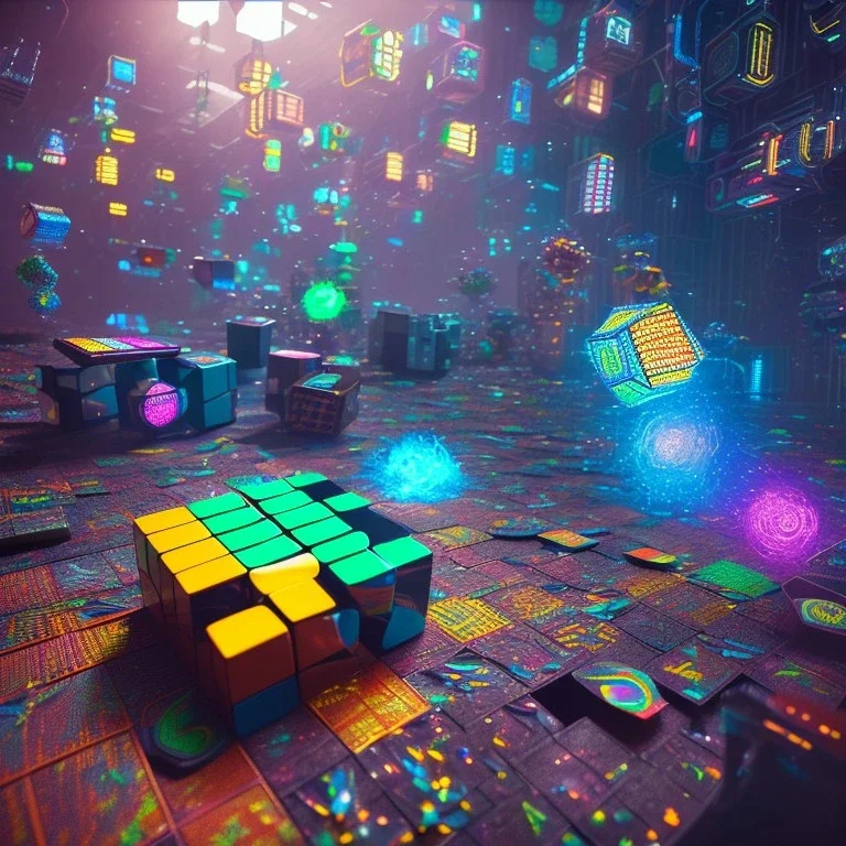 kente scene, thread, melt Rubik's cube, cyberpunk floor, embroidery, octane render, high detail