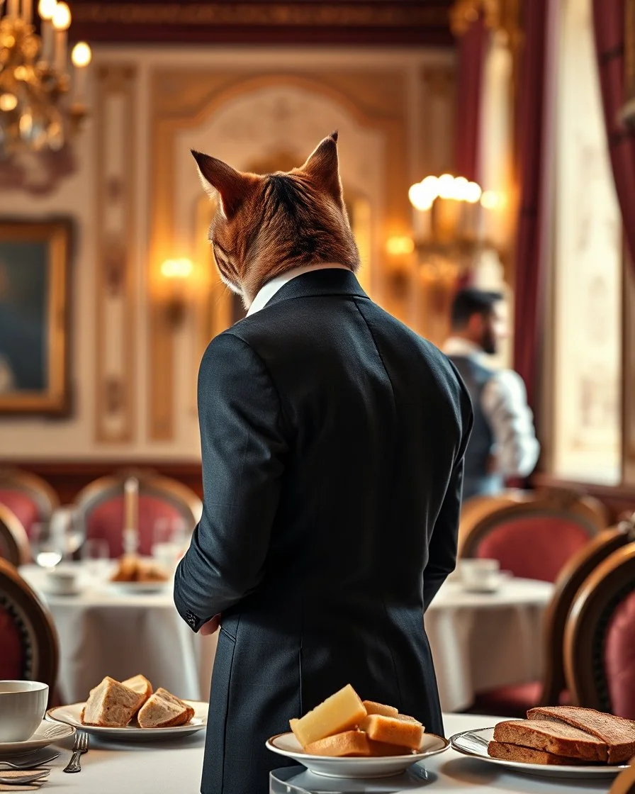 photography a cat wearing luxury suit man victorian at behind back near sorrounding standing waiters ready to servant on luxurious breakfast foods,turkey slices,potatoes slices,coffe cup,bread, in royal castel