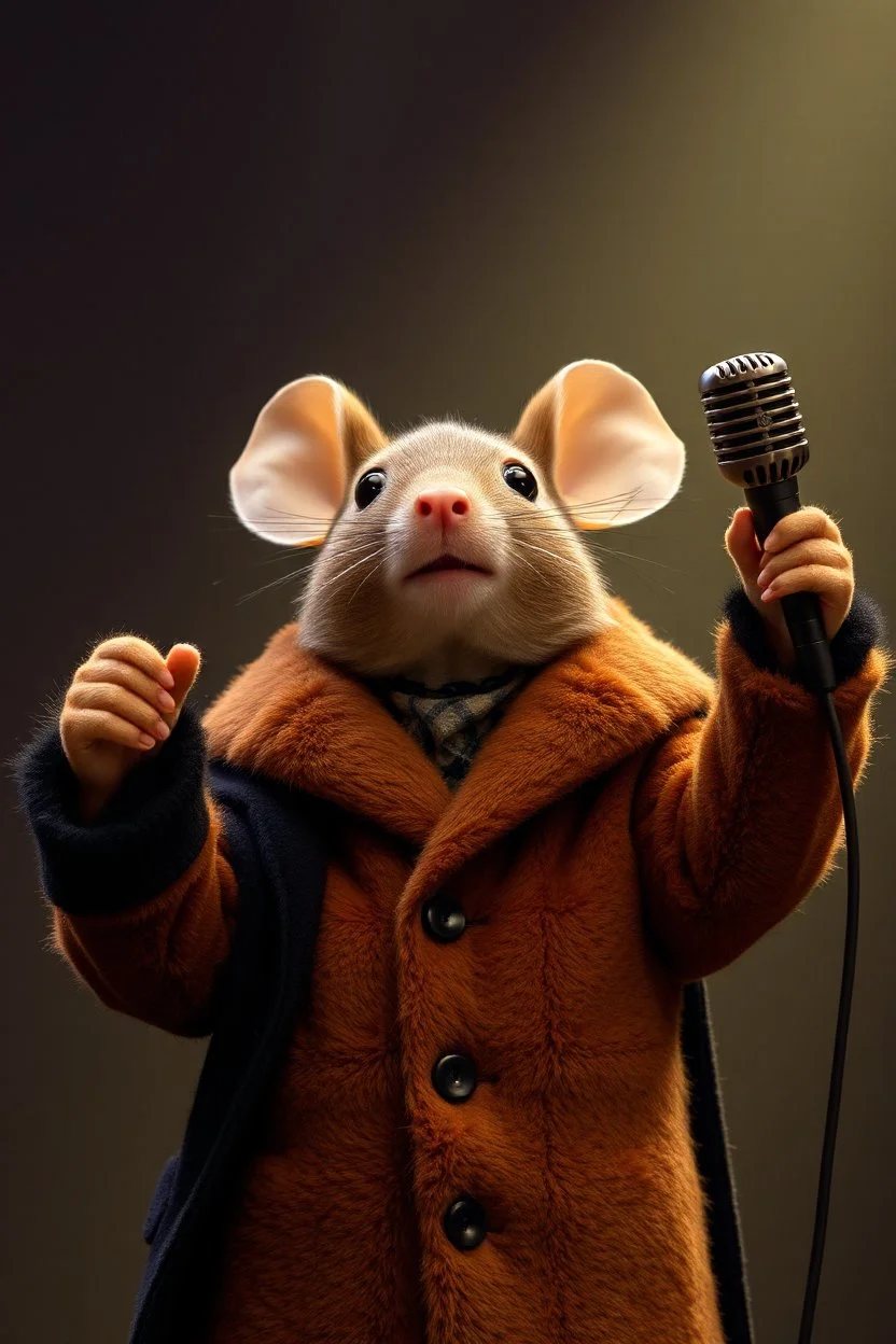 A mouse warring a black coat humanoid, dressed brown fur coat, holding a microphone hands up