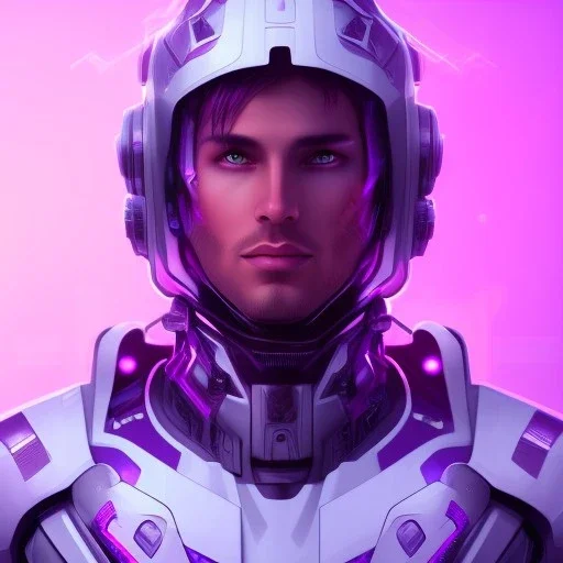 Cute guy face, Sci-fi character, purple backlight, pink and purple, scifi suit, profile, purple background, pink lighting