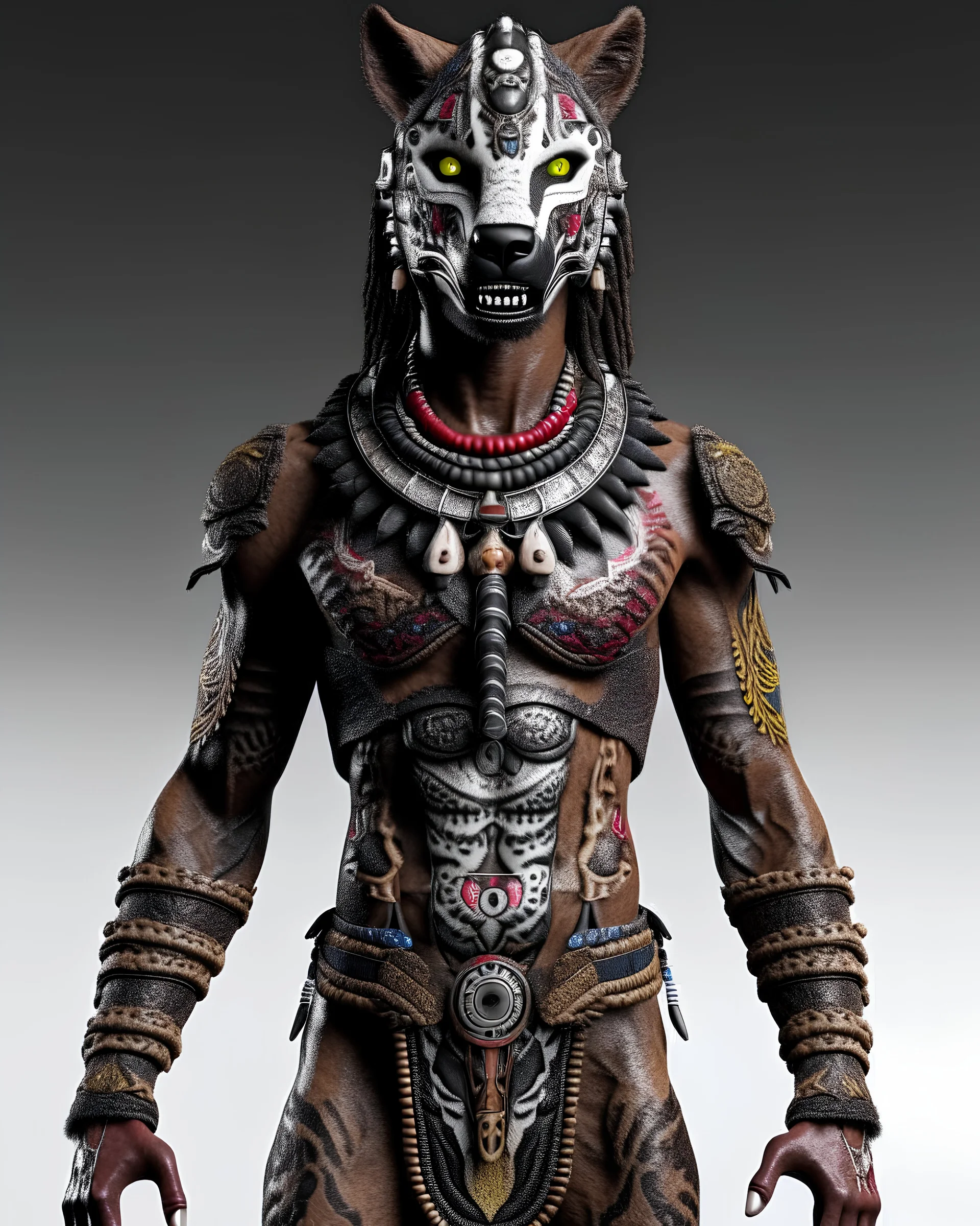 full carbon body werewolf robot wearing Indian tribal clothes with primitive motif paint with a muscular ideal male body and modern design