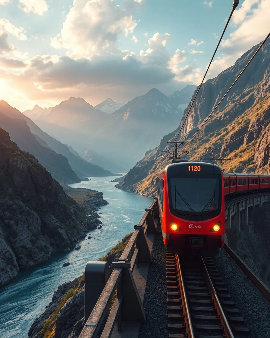 distance view Realistic Photography Panoramic style electric modern train, atmospheric beautiful electric modern train, rides in stunning bridge river and mountain landscape, mountain gorge, bright color palette, high detail, perfect composition, cinematic shot, intricate details, hyperdetail