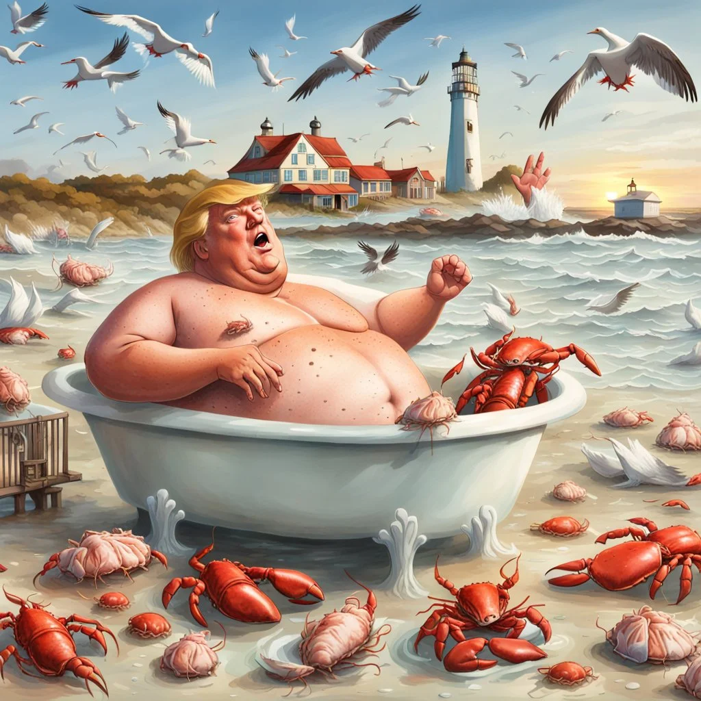 Donald Trump as a Fat man in a claw foot bathtub sinking in the ocean. Surrounded by seagulls, lobsters and crabs. there is a colorful light house in the background.