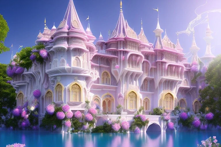 a magical crystal flower lys bougainvillier, blue gold house indian palace castle in the woods, magnolias pink,blue lake,sun,white swanns,pink vertical, blue lake,sharp, vines, candlelit, endor, ornate, elegant, highly detailed, artstation, concept art, smooth, sharp focus, illustration, 8k, splash art, wallpaper, key visual