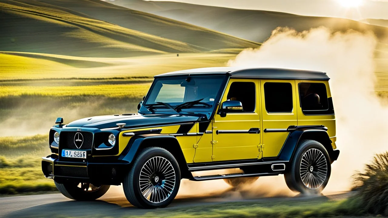 A sleek (((Bugatti G Wagon))) with a majesticly curved rear, cutting through a (sunny, open countryside) backdrop