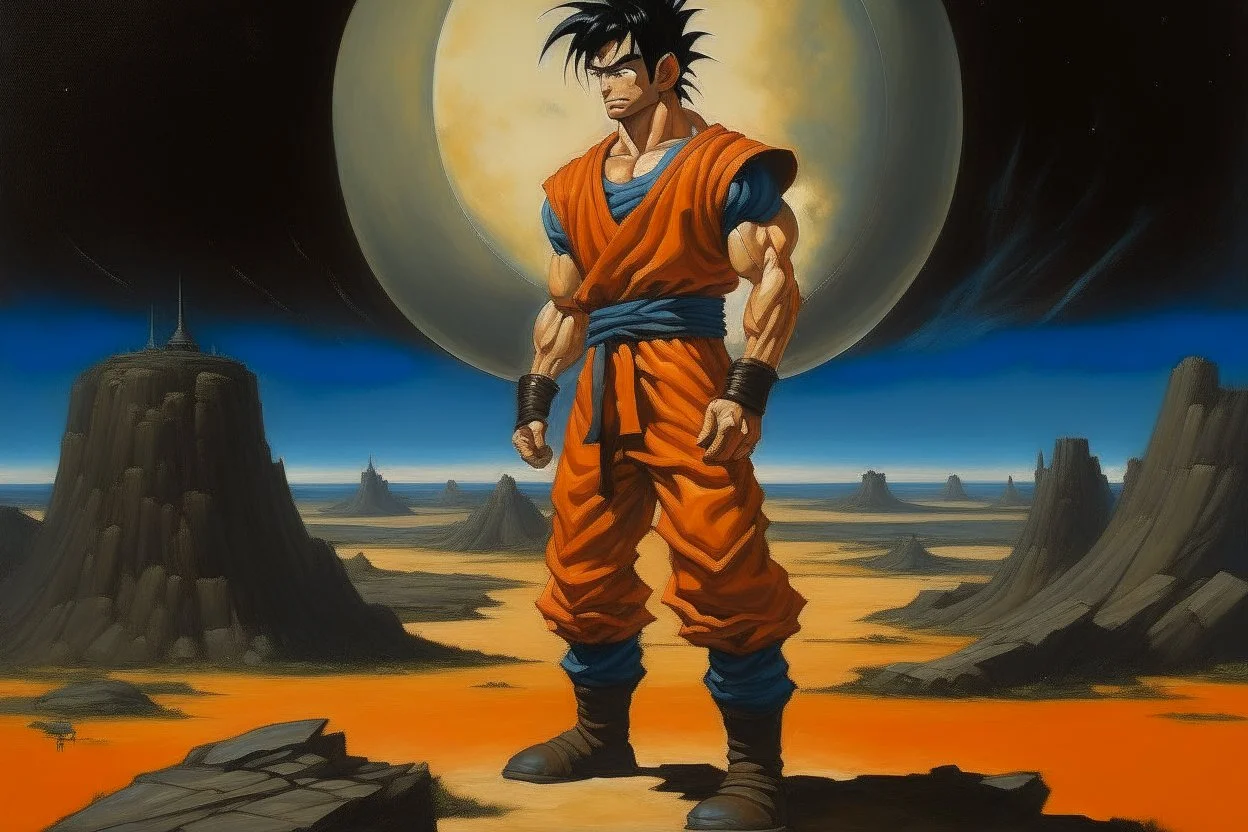 1970's dark fantasy cover dnd style oil painting of goku from dragonball z sport outfits with minimalist far perspective.