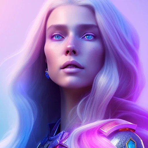 A portrait of a crystalised blue pink queen,smiling face, blue eyes, long blond hair, atmospheric, realistic, unreal engine, lighting, octane render.